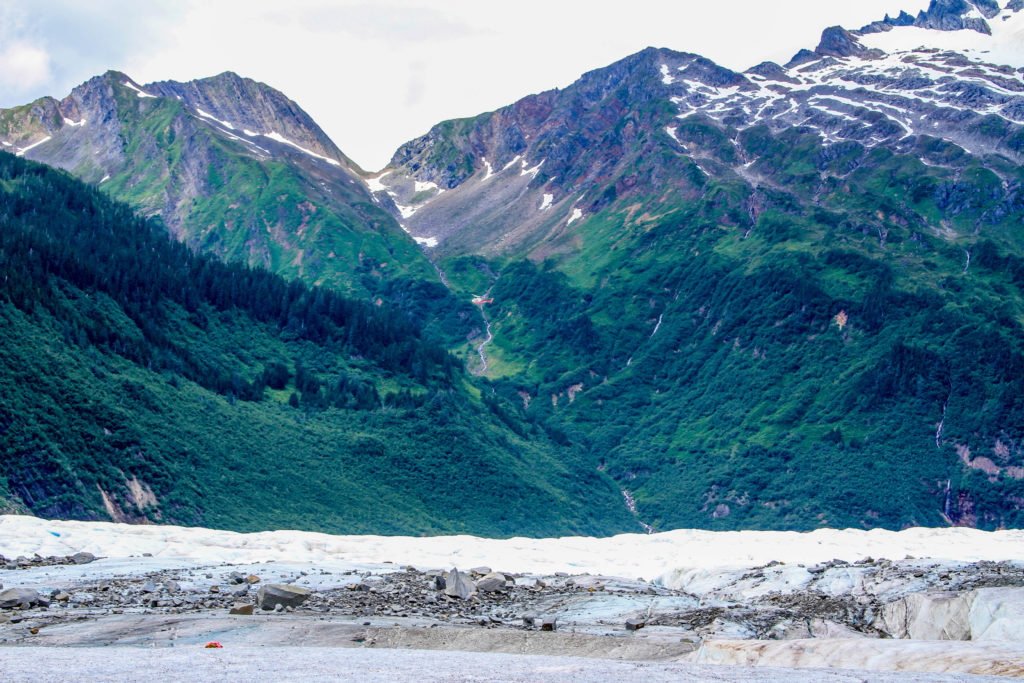 Green mountainside with streams leading to glacier, Alaska, 2015, T. M. Adair